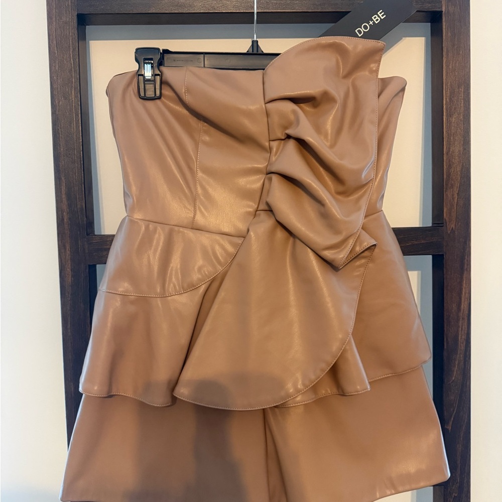 DO+BE Faux Leather Strapless Romper in Nude Tan